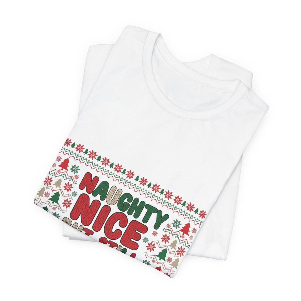 Naughty Nice But Still Cozy Tee | ugly Christmas sweater shirt, festive knit-look