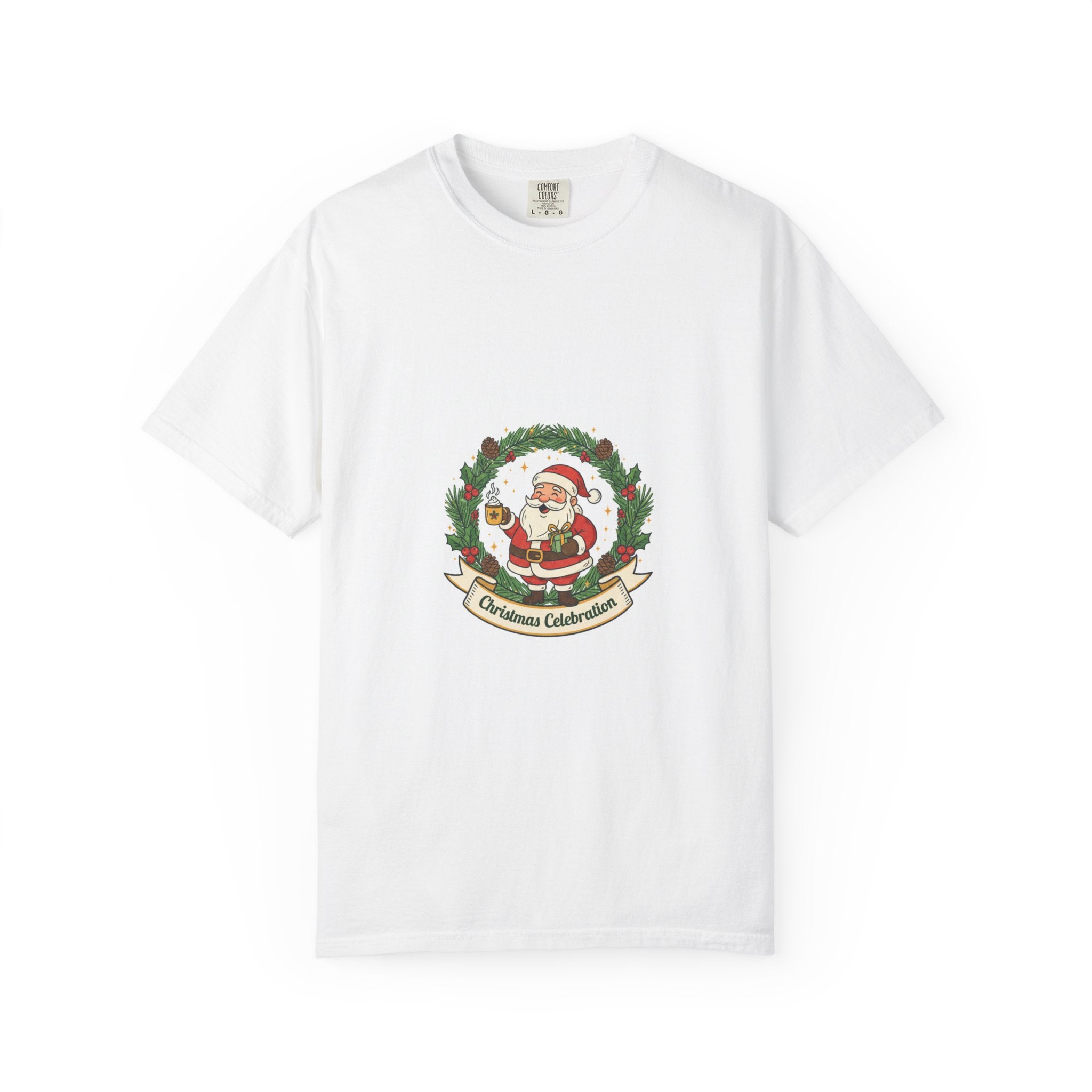 Christmas Celebration Santa T-Shirt — Festive Holiday Tee with Santa & Wreath