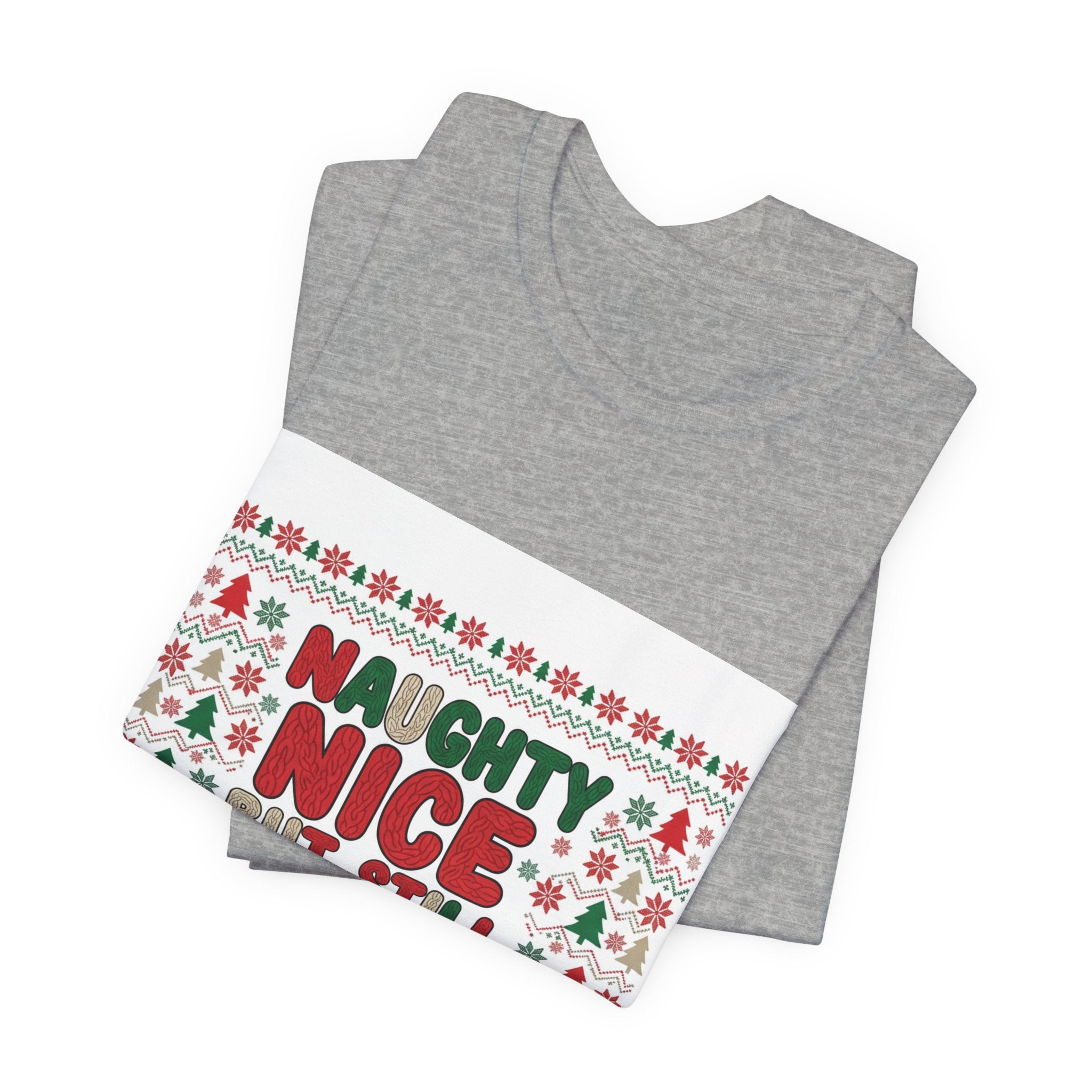 Naughty Nice But Still Cozy Tee | ugly Christmas sweater shirt, festive knit-look