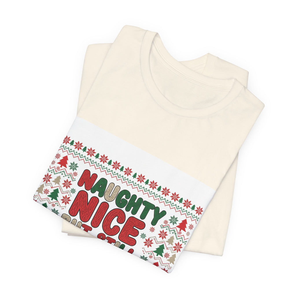 Naughty Nice But Still Cozy Tee | ugly Christmas sweater shirt, festive knit-look