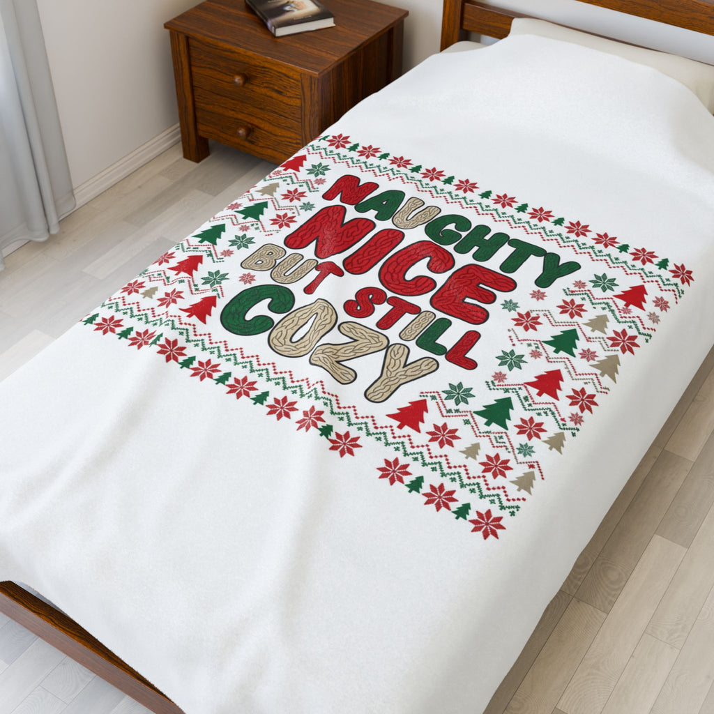 Naughty Nice But Still Cozy Velveteen Plush Blanket | Holiday ugly sweater style