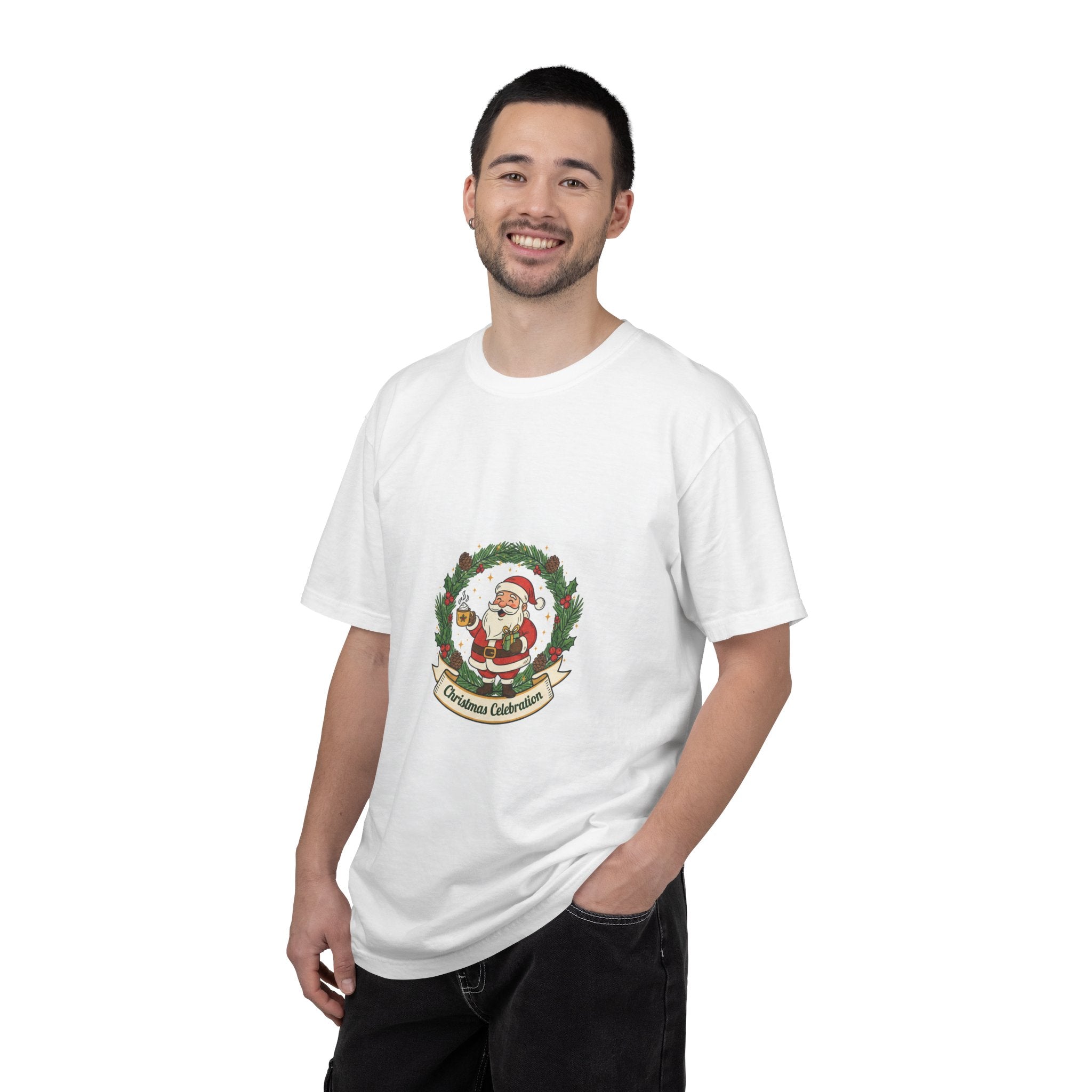 Christmas Celebration Santa T-Shirt — Festive Holiday Tee with Santa & Wreath